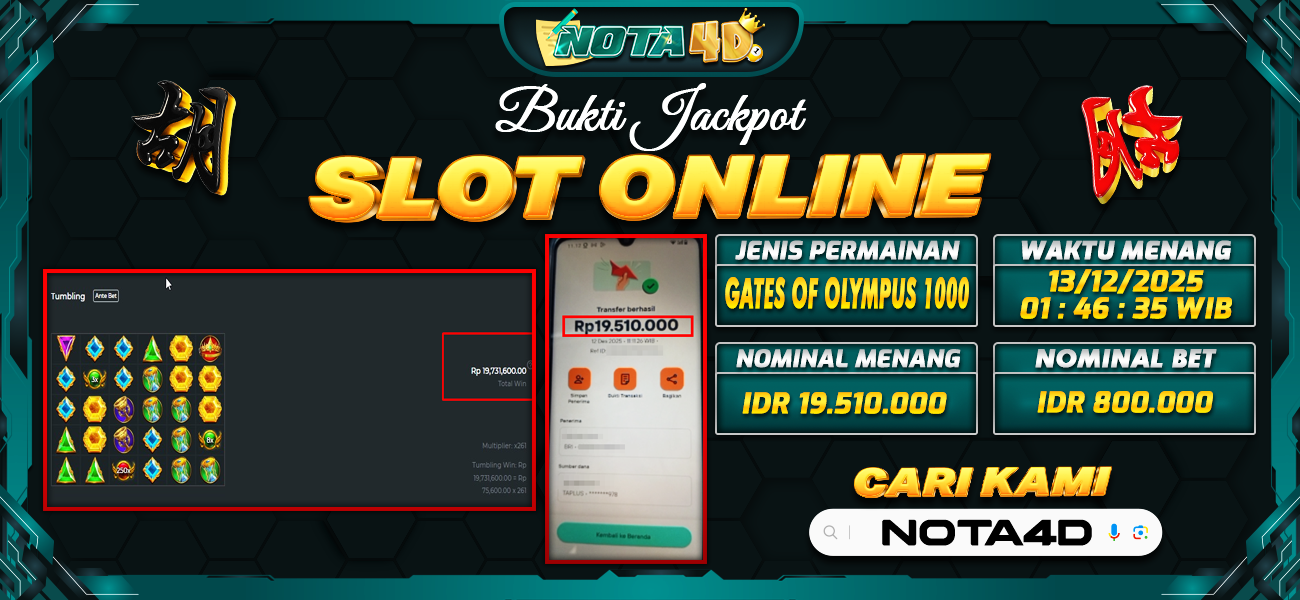 Bukti Kemenangan Besar Dibayar lunas Member NOTA4D RP 19.510.000, 13 Desember 2025